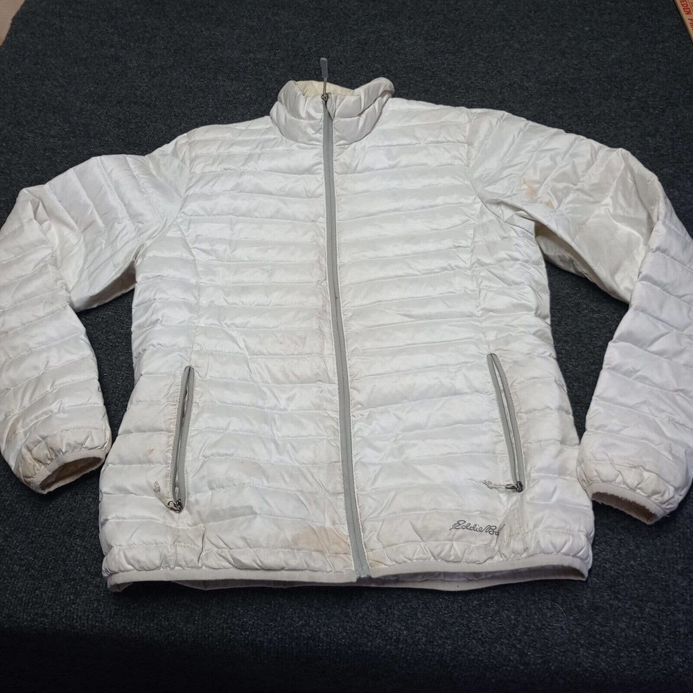 Eddie Bauer Down Jacket Women Small White Quilted EB 700 Fill Coat Full Zip *